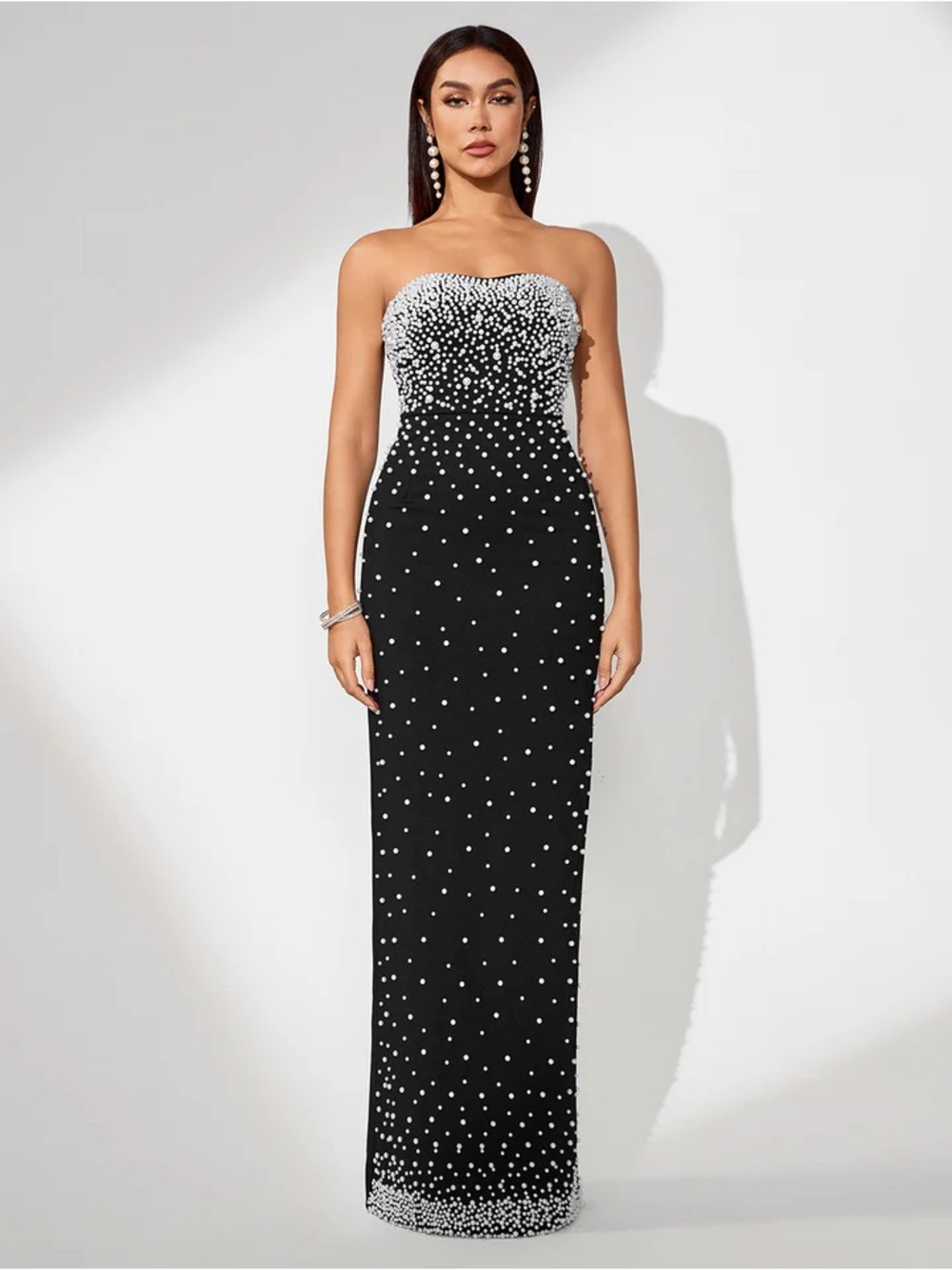 Bella Barnett Pearl-Embellished Strapless Black Evening Dress